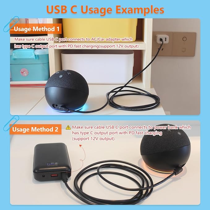 USB C to DC Charger Adapter for Echo Dot 3rd/4th Gen, Echo Dot 3rd/4th Gen with Clock Kids,Echo Spot (Black)