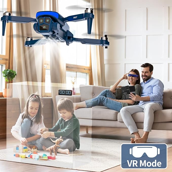 K417 Drone with 2 Cameras 1080P HD 90°Electric Adjustable FPV Drone Transmission,Blue LED Light Foldable Lightweight Remote Control Optical Flow Positioning Altitude Hold 3D Flip,for Adults Beginner