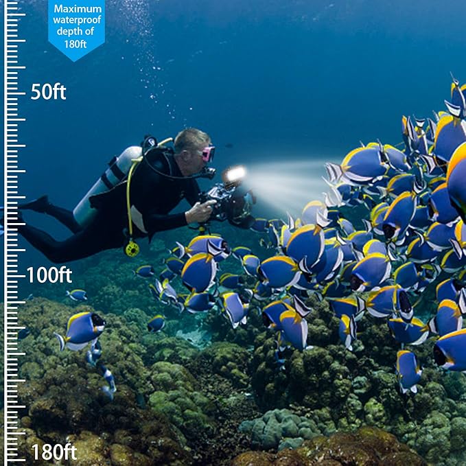 Suptig Waterproof Light Underwater Light for Gopro Hero 13, Hero 12,11,10, 9, 8, 7, 6, 5, 4, 3,2, DJI osmo, Akaso, Insta 360 and Canon Nikon Sony Olympus SLR Cameras Waterproof 180ft(55m)