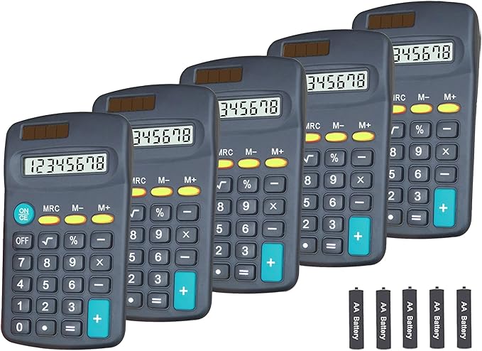 Basic Calculators for Students, Basic Calculator with Dual Power 8 Digit Small Pocket Size Handheld for Classroom Desktop Home (Black,Set of 5)