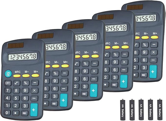 Basic Calculators for Students, Basic Calculator with Dual Power 8 Digit Small Pocket Size Handheld for Classroom Desktop Home (Black,Set of 5)