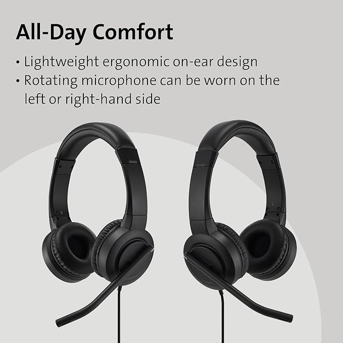 Kensington H1000 USB-C On-Ear Headset, 270° Rotating Noise-Canceling Microphone, Quick Buttons for Volume, Play/Pause, Mute, and Busy, PC/Mac/Laptop - Black (K83450WW)