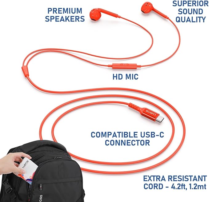 LUDOS Zenith USB C Headphones for iPhone 17 16 15 Pro Max Plus Air iPad Pro Air, 2 Years Warranty, USB-C Earbuds for Samsung Galaxy S24 S23 Ultra S22 S21 S20 A55 A54 A53, USB Type C Earphones - Coral
