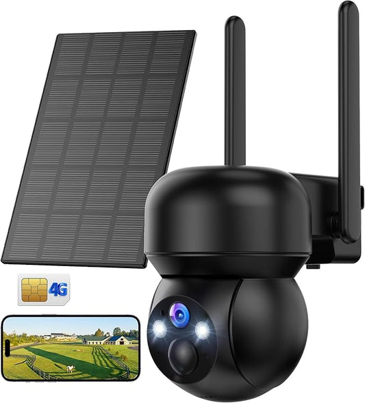 4G LTE Cellular Solar Security Camera Outdoor: No WiFi Solar Powered Security Camera Outdoor Built in SIM Card 2K Battery Wireless Cameras for Home Surveillance Outside 360° Live View Motion Detection