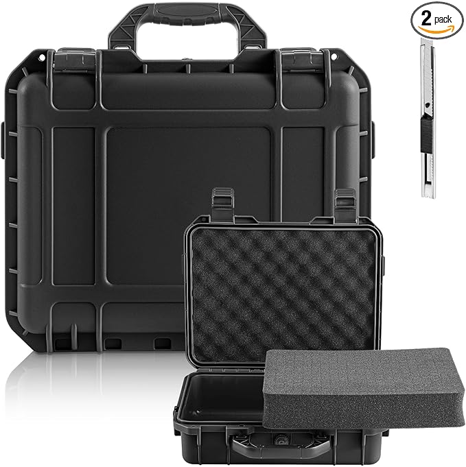 11.3 x 8.7 x 4.2 Inch Waterproof Hard Case with DIY Customizable Foam Insert Portable Protective Case with Knife for Camera Drones Equipments Tools Test Instruments (Black)