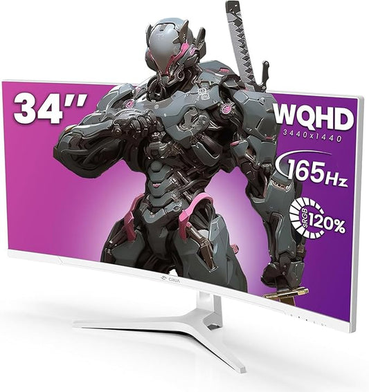 CRUA 34'' White Gaming Monitor 165Hz/144Hz 21:9 1500R Ultrawide Curved Monitor, WQHD 3440X1440 120%sRGB VA Panel Computer Monitor Support Freesync, PIP/PBP, HDMI2.0 & DP1.4, Wall Mount&Tilt Adjustable
