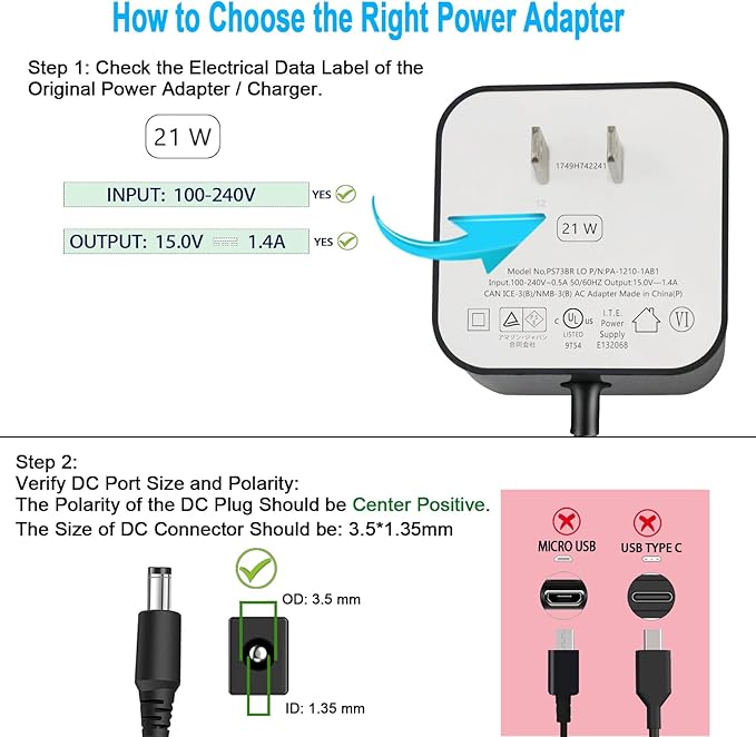 21W Charger Power Cord, Compatbile with Alexa Echo 1st 2nd Generation, Echo Show 5 3rd Gen, Echo Show 1st Gen, Echo Plus 1st Gen, Echo Look, Echo Link, 15V 1.4A AC Power Adapter.