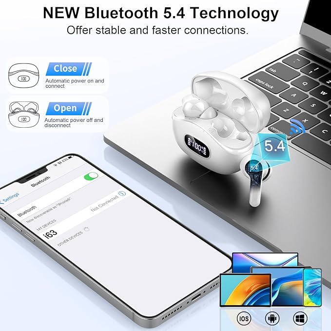 Wireless Earbuds, Bluetooth Headphones 5.4 HiFi Stereo, Ear Buds with 4 ENC Noise Cancelling Mics, 48H Bluetooth Earbuds with Dual LED Display, IP7 Waterproof in Ear Earphones for Android iOS, White