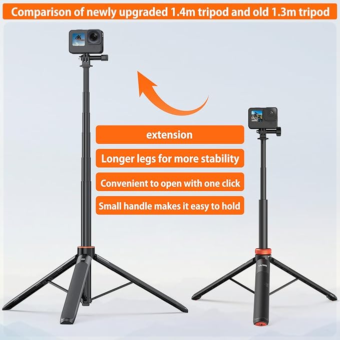 VRIG Extendable Selfie Stick Tripod for GoPro Max Hero 10 9 8 7 6 5 4, DJI Osmo Action, Insta 360 One R and More Action Camera（55.1''）