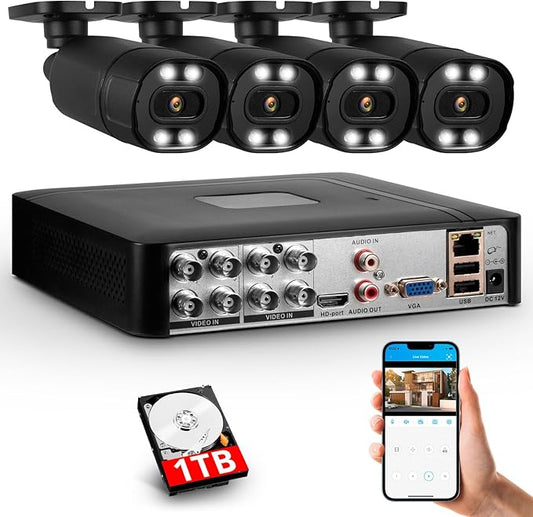 8CH H.265+ DVR and 4 x 1920TVL 2MP Home CCTV Cameras,Wired Security Camera System Outdoor, Smart face Capture and face Retrieval Functions,Email Alert, Mobile APP & PC Remote,1TB Hard Drive