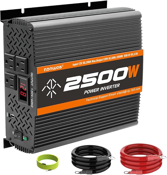 2500W Inverter 12V DC to 120V AC Converter for Home, RV, Truck, Off-Grid Solar Power Inverter with Built-in 5V/2.1A USB, AC Hardwire Port, Remote Controller