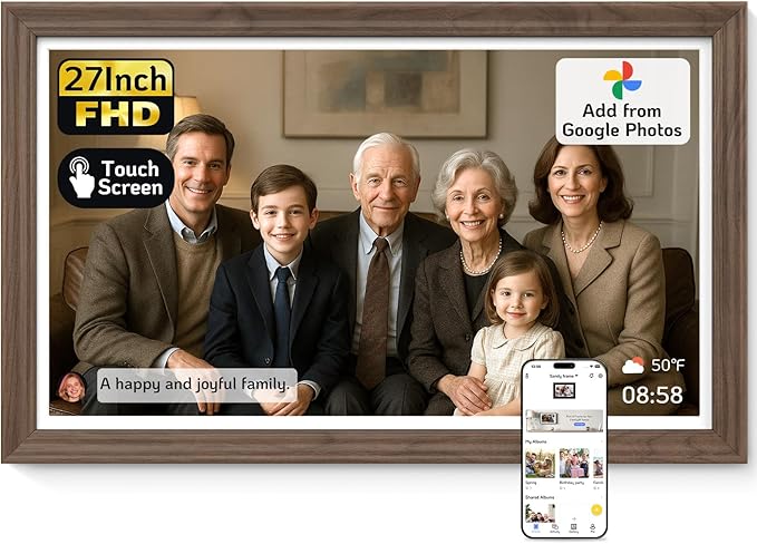 NexFoto Digital Picture Frame 27'' WiFi, FHD Touchscreen 1920 * 1080 with 64GB - Add Photos from Google Photos, Upload Videos, for Housewarming/Mom/Birthday (Walnut)