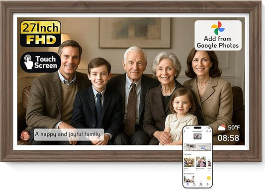 NexFoto Digital Picture Frame 27'' WiFi, FHD Touchscreen 1920 * 1080 with 64GB - Add Photos from Google Photos, Upload Videos, for Housewarming/Mom/Birthday (Walnut)