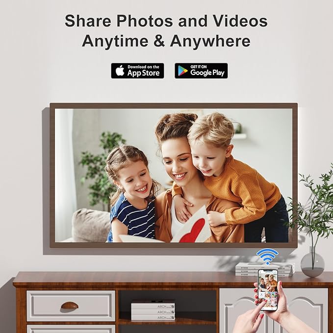 Extra-Large Digital Picture Frame 32"-Wood-Frame - Dual-WiFi 1920x1080 FHD IPS Load Photo Video from Phone via APP Email, Wall Mounted for Home Decoration Wood Grain Design, Gifts for Mom Dad Family