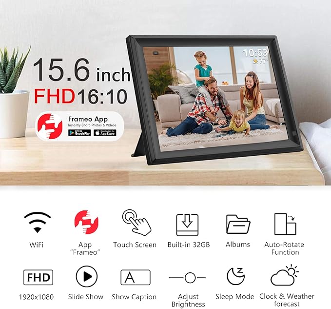 15.6inch FRAMEO Digital Photo Frame with 1920x1080 FHD IPS LCD Touch Screen, Dual-WiFi Share Photos & Videos Via Frameo, Support USB Drive/SD Card Extend Storage, Auto-Rotate, Wall Mountable With VESA