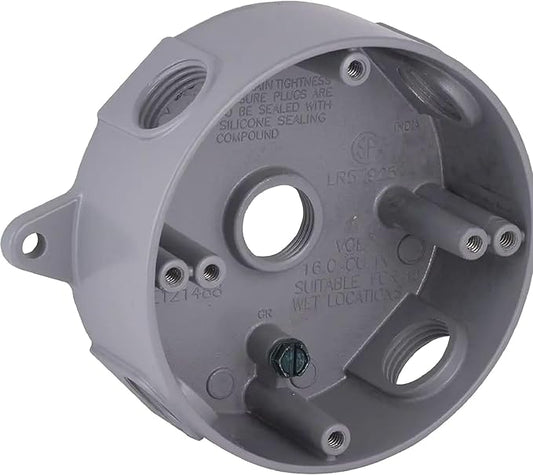 TayMac RB550S Weatherproof Box, Round - (5) 1/2-Inch Outlets, Gray