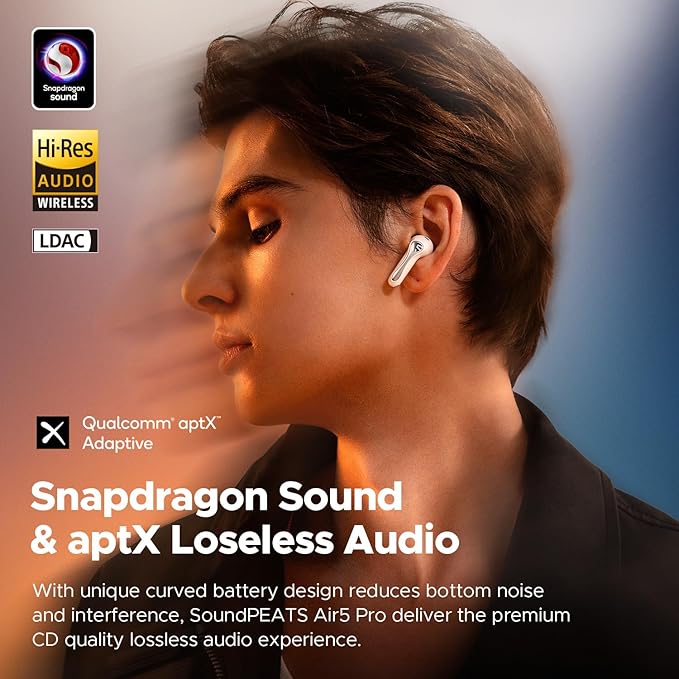 SoundPEATS Air5 Pro Hi-Res Wireless Earbuds, LDAC & aptX Lossless, 10mm Hi-Fi Driver, Snapdragon Sound, Adaptive ANC, 37H Battery, BT 5.4, IPX5 Waterproof, Multipoint Connection