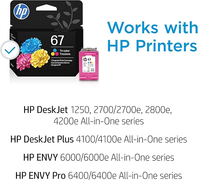 HP 67 Tri-Color Ink Cartridge for HP Printers | Works with DeskJet 1255, 2700, 4100 Series; ENVY 6000, 6400 Series | Eligible for Instant Ink | 3YM55AN | Packaging May Vary
