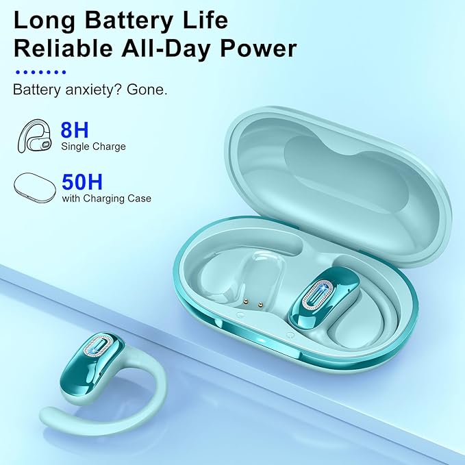 Open Ear Headphones, Bluetooth 5.4 Earbuds, 50H, Air Conduction Ear buds, HD Stereo Bass Over Ear Earphones with Earhooks, Ultra-Comfort Secure Fit, IPX7 Waterproof Headset for Working Sports, Blue