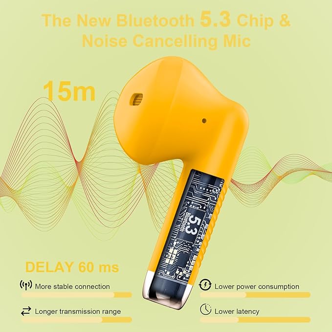 Wireless Earbuds, Bluetooth 5.4 Headphones in Ear with Noise Cancelling Mic, Bluetooth Earbuds Stereo Bass, IP7 Waterproof Sports Earphones, 32H Playtime USB C Charging Ear Buds Yellow for Android iOS
