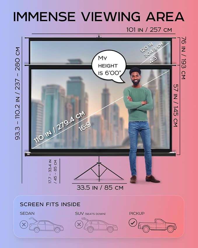 PropVue Projector Screen with Stand 120 inch - Indoor and Outdoor Projection Screen for Movie or Office Presentation - 4:3 HD Premium Wrinkle-Free Tripod Screen