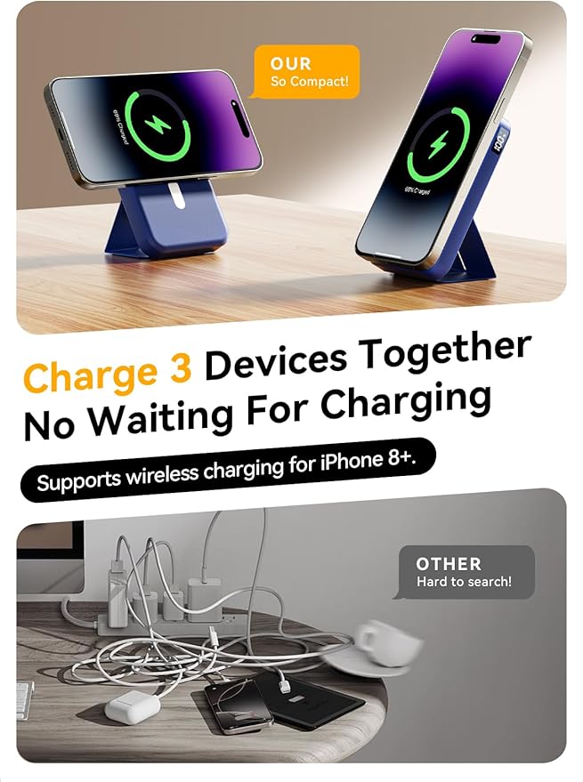 Magnetic Power Bank, 10000mAh Wireless Portable Charger with 20W USB-C Fast Charging, Foldable Stand & LED Display Battery Pack, Compatible with iPhone 16/15/14/13/12, Blue