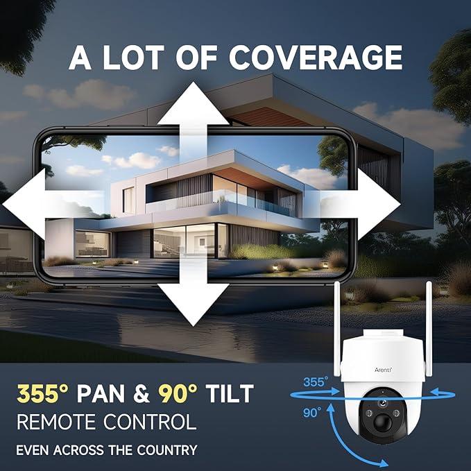 ARENTI 4G LTE Cellular Security Camera 2K, Solar Powered Live Feed Camera Outdoor Wireless for Home Security, Color Night Vision, 360° PTZ No WiFi Needed, PIR Sensor 2 Way Talk (Includes SIM Card)