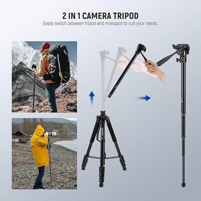 NEEWER Basics TP05 74" Video Tripod Monopod, 3 Way Pan Tilt Head Phone Holder Compatible with iPhone DSLR, Travel Recording Stand, Overhead Camera Mount, Crossbar, 17.6lb Load