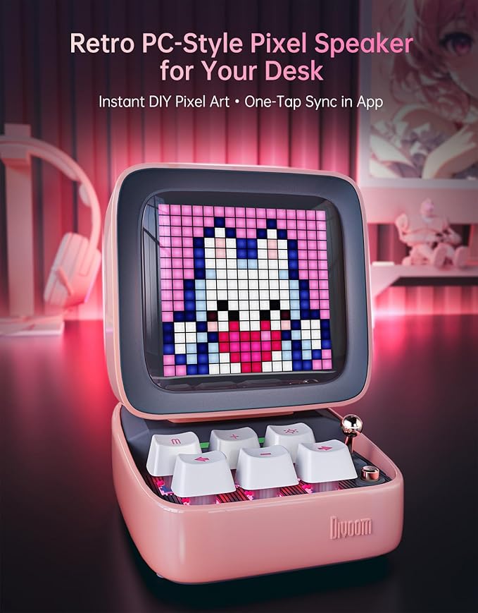 Divoom Ditoo Retro Pixel Art Game Bluetooth Speaker with 16X16 LED App Controlled Front Screen (Pink)