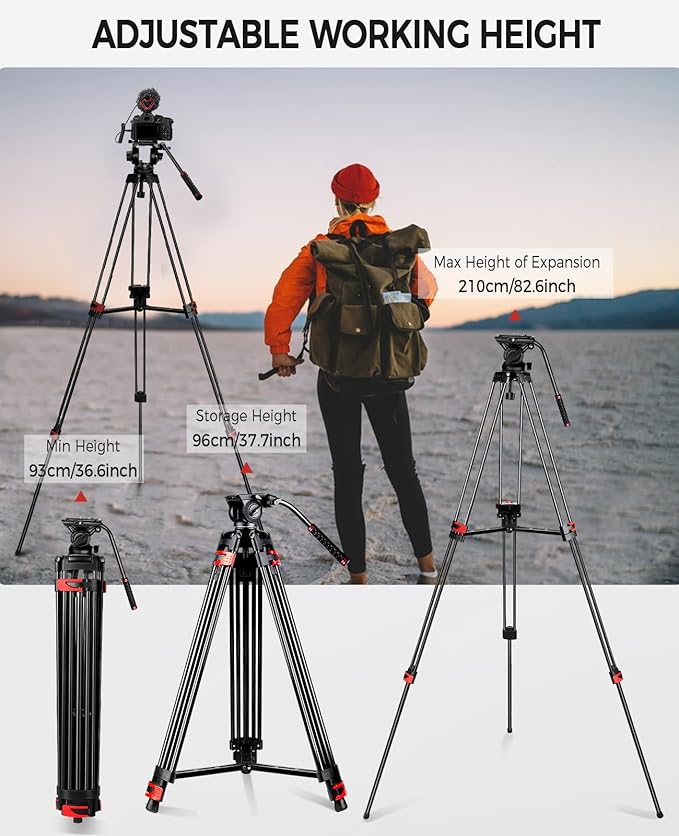 82" /210cm Professional Video Tripod, Heavy Duty Aluminum Alloy Camera Tripod Stand with 360° Fluid Drag Head, QR Plate Compatible with Canon Nikon Sony DSLR Camera Camcorder (Load 33Lb)