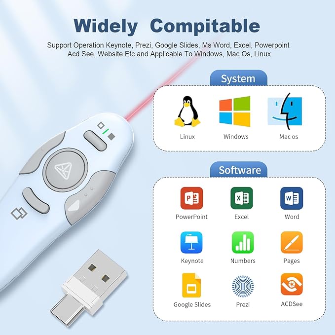 QUI Presentation Clicker Wireless Presenter Remote Clicker for PowerPoint Presentation Remote, PowerPoint Slide Advancer for Mac/Windows/Linux, Google Slide/PPT/Keynote, Type-c Blue