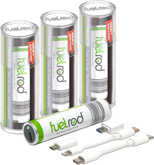 FuelRod USB-C Portable Charger Kit - Pack of 3- Includes All Cables & Adapters Compatible with All Tablets & Smart Phones, Rechargeable Backup Power Bank, Swap for Charged Rod at Kiosk