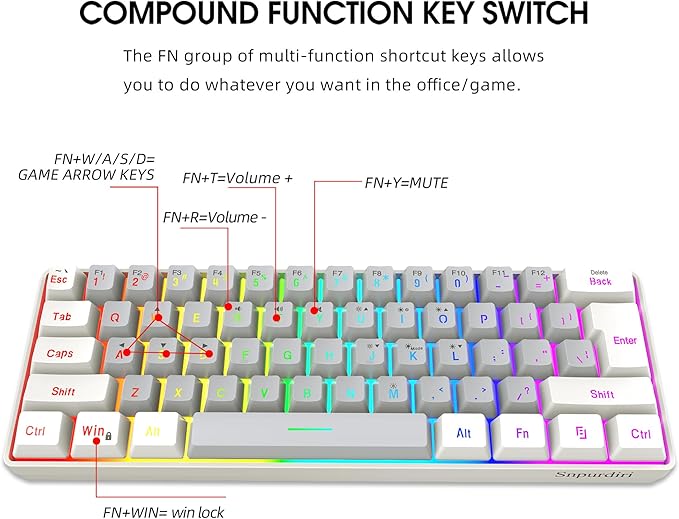 Snpurdiri 60% Wired Gaming Keyboard, SmallUltra-Compact 61 Keys RGB Backlit 60 Percent Gaming Keyboard for PC/Mac Gamer, Typist, Travel, Easy to Carry on Business Trip(White-Grey)