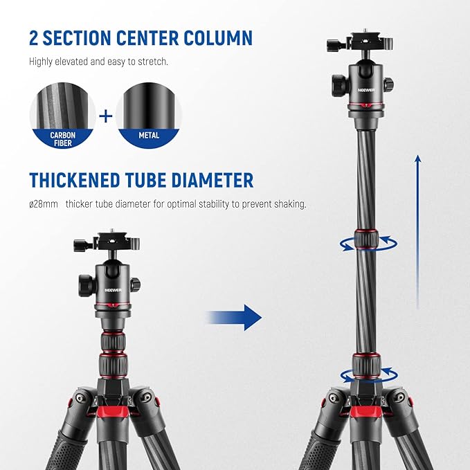 NEEWER Upgraded 80.7" Carbon Fiber Camera Tripod Monopod with Telescopic 2 Section Center Axes, 360° Panorama Ballhead, 1/4" Arca Type QR Plate, Travel Tripod with ø28mm Column, Max Load 26.5lb, N55CR