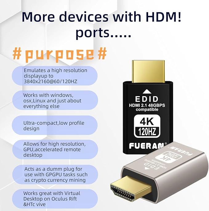 4K 120Hz HDMI 2.1 Dummy Plug – High-Resolution Virtual Display Emulator for PC, VR Headsets & Cryptocurrency Mining EDID Headless Ghost Display Adapter(4K-120Hz-2P)