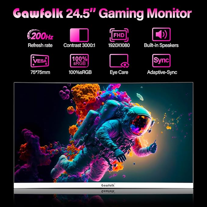 Gaming Monitor 24.5 Inch 200Hz Built-in Speakers, 180hz PC Monitor FHD 1080P Frameless Computer Monitors, VA,sRGB 100%, DisplayPort, HDMI, Eye Care, Wall Mount Compatible (White)