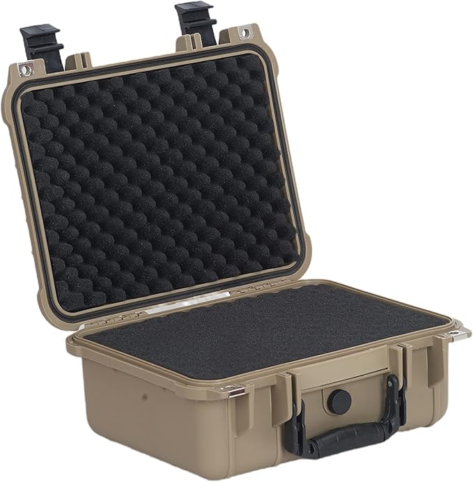 MEIJIA Portable All Weather Waterproof Protective Case,Hard Case,Camera Case With Customized Fit Foam,Fit Use of Drones,Camera,Equipments,Pistols,13.35 x11.63x5.98inches (Desert Tan)