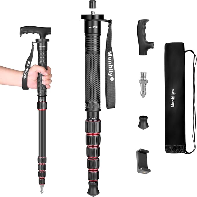 Manbily Camera Monopod Aluminum Portable Compact Lightweight Travel Monopod with Carrying Bag Walking Stick Handle,for DSLR Canon Nikon Sony Video Camcorder,6 Sections up to 61-in (A-555L)