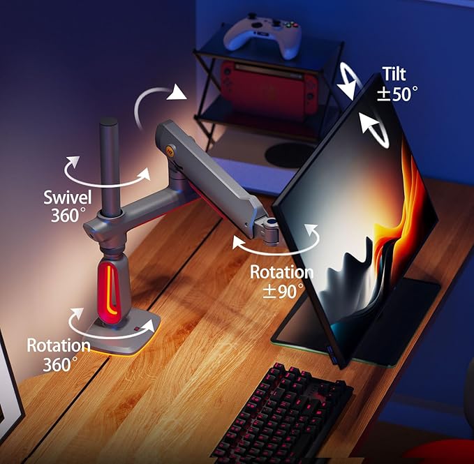 NB Extra Height Gaming Monitor Arm for 32 to 60 Inches Screen, Load up to 20 kg, VESA 75/100, RGB-Light, Heavy Duty, Multi Angle Adjustable, Premium Aluminum, Long Arm Extension Red