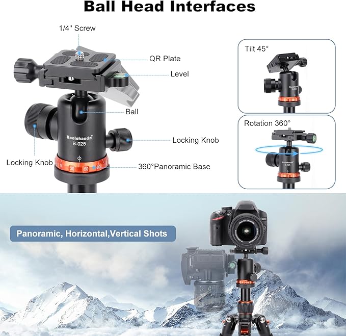 Koolehaoda Mini Desktop Tripod Aluminum Portable Camera Tripod 7"-25" Adjustable Desk Tripod with 360° Ball Head, 1/4" Quick Shoe Plate for DSLR Camera Video Camcorder, Load up to 22lbs /10kg