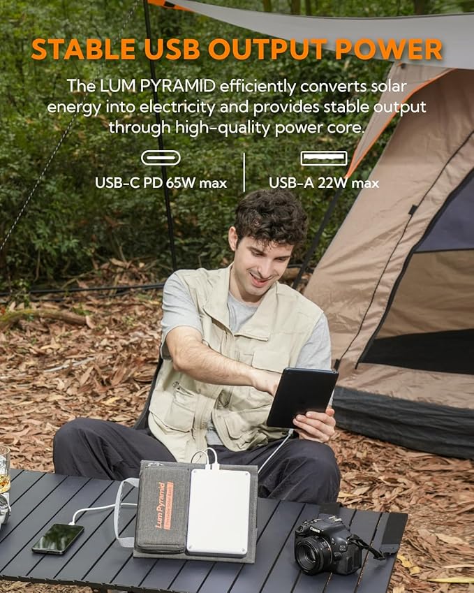 Portable Solar Charger 99.9 Wh Battery Bank Equipped with 24W Foldable Solar Panels and 600 Lumen Adjustable LED Camping Light, 65W PD USB-C, 22W QC3.0 USB A Output for Outdoor