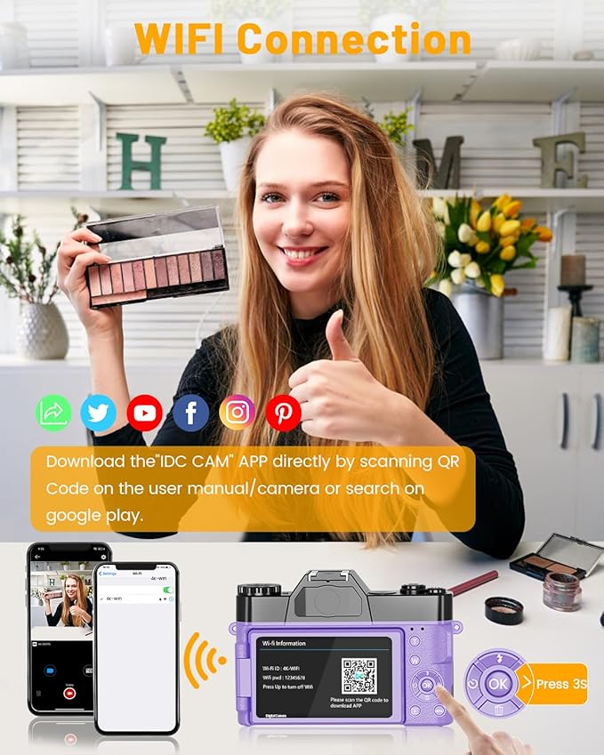 2024 Upgrade VJIANGER Digital Camera for Photography Vlogging Camera for YouTube with WiFi, 180° Flip Screen, 16X Digital Zoom, 52mm Lens, 2 Batteries, 32GB Micro SD Card(Purple)