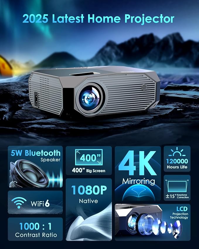 YOWHICK 4K Projector with WiFi and Bluetooth, Native 1080P Outdoor Movie Projector, Smart Video Projector, 50% Zoom/400" Display, Compatible with HDMI/USB/PC/TV/PS5/DVD/Android/iOS, Grey