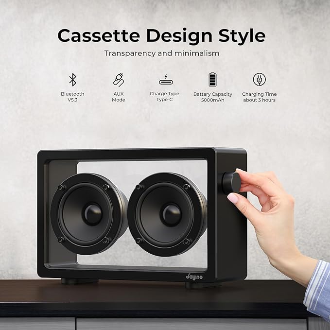 Cassette Portable Bluetooth Speaker, 20W Minimalist Speakers Bluetooth Wireless Loud, HD Powerful Sound and Wide Compatibility V5.3 for Indoor Outdoor - Black