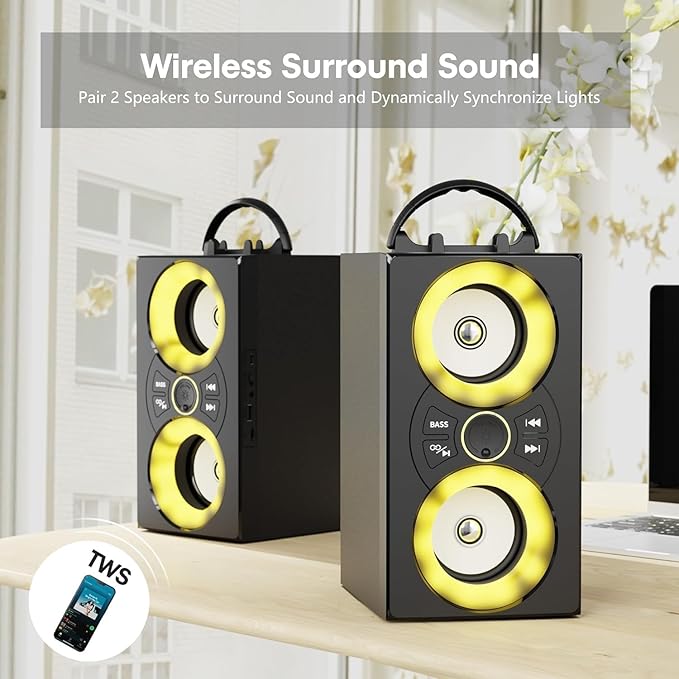 Portable Bluetooth Speaker with TWS, Lights, Remote Control and Phone Holder,Multiple Inputs for Music Playback,20W Wireless Subwoofer, TF Card Slot, USB Port, AUX Input, Type C Cable