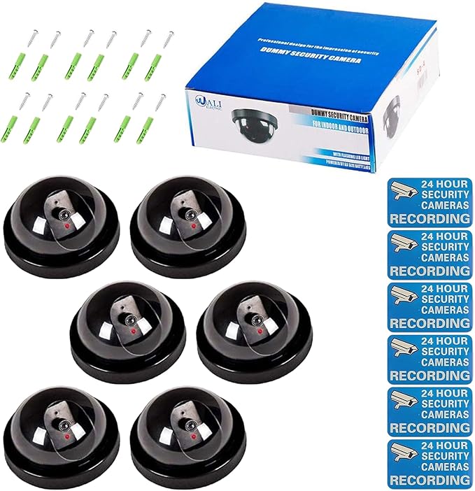 WALI Dummy Fake Security CCTV Dome Camera with Flashing Red LED Light with Security Alert Sticker Decals (SD-6), 6 Packs, Black