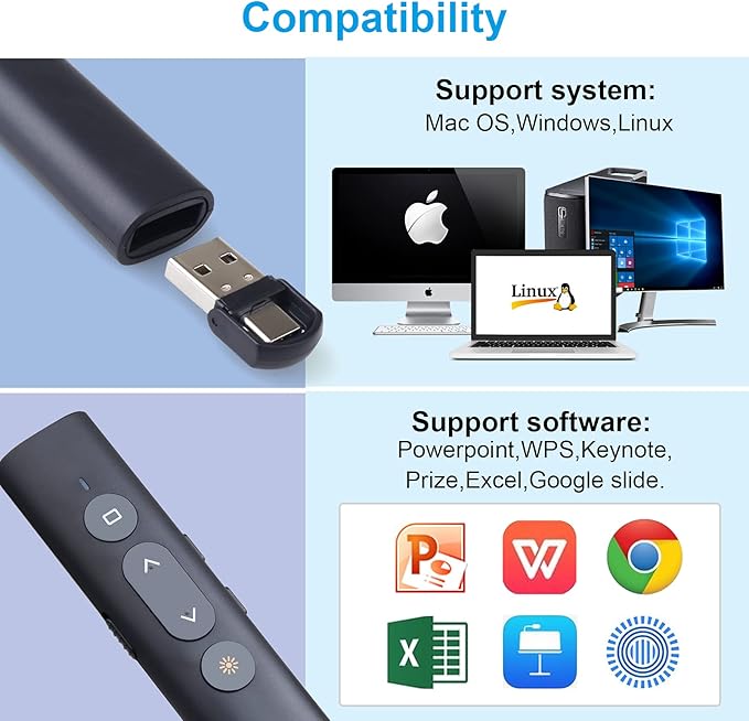 Presentation Clicker Presentation Remotes, Type C/USB A 2 in 1 Pointer, Remote PowerPoint Clicker,USB/Type-C for Computer Slide Advancer, Volume Control/Hyperlink/Switch Windows(Battery Included)