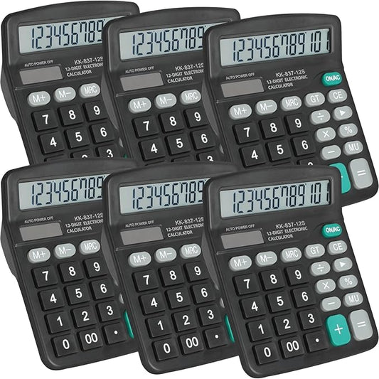6 Pack Calculator Bulk, 12 Digits Calculators Desktop with Large LCD Display and Sensitive Butto, Solar and Battery Dual Power, Desk Calculator for Office, School, Home