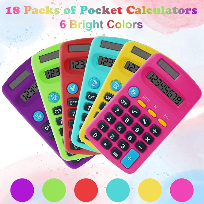 18 Pieces Pocket Calculator,Pocket Size Mini Calculators,8 Digit Display Basic Calculator,Solar Battery Dual Power Desktop Calculators for Students Kids Home Office (Multicolor, 18 Pieces)