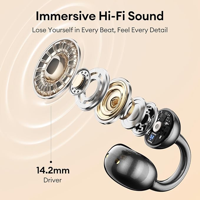 PAXA M100 Clip On Ear Headphones, Open Ear Earbuds Wireless Bluetooth 5.4, Clip On Earbuds with LCD Touchscreen, Lightweight Comfort Open Ear Headphones for Sports, Fitness, and Workouts, Black